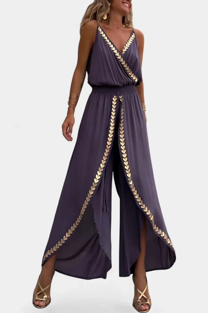 Women's Gold-Detail Open-Leg Wrap-Neck Jumpsuit