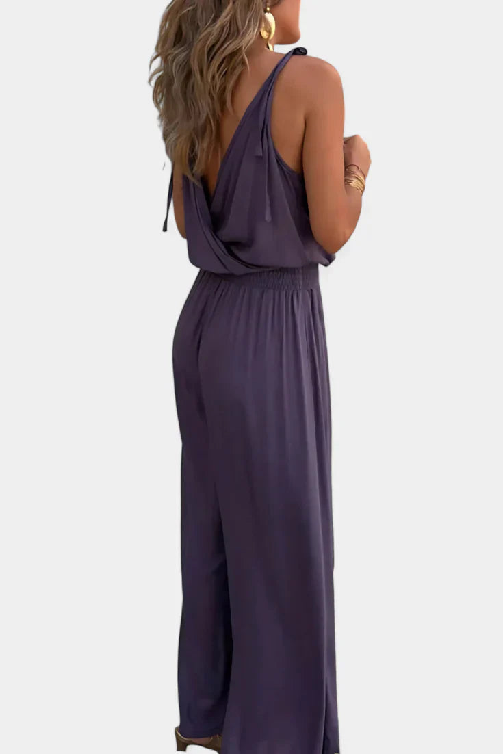 Women's Gold-Detail Open-Leg Wrap-Neck Jumpsuit