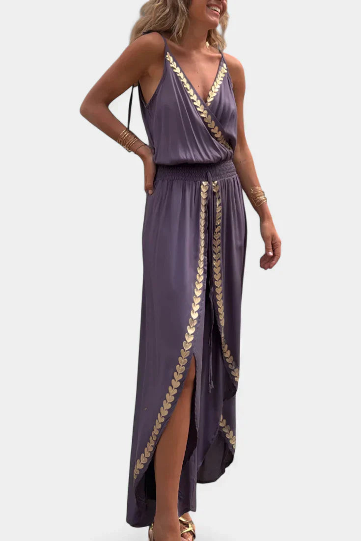 Women's Gold-Detail Open-Leg Wrap-Neck Jumpsuit