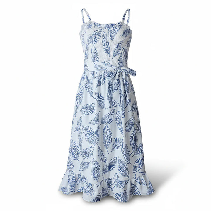 Women's Women’s Sleeveless Midi Dress with Ruffle Neckline, Tie Waist and Leaf Print