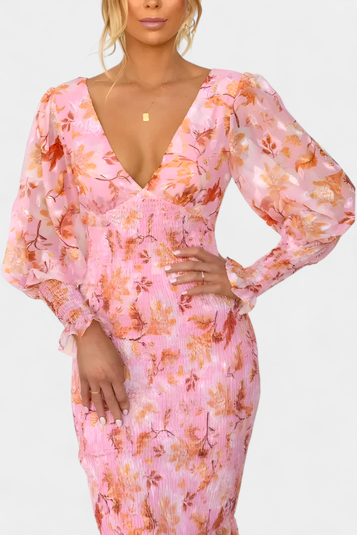 Women's Floral Long-Sleeve Midi Dress with Ruched Waist