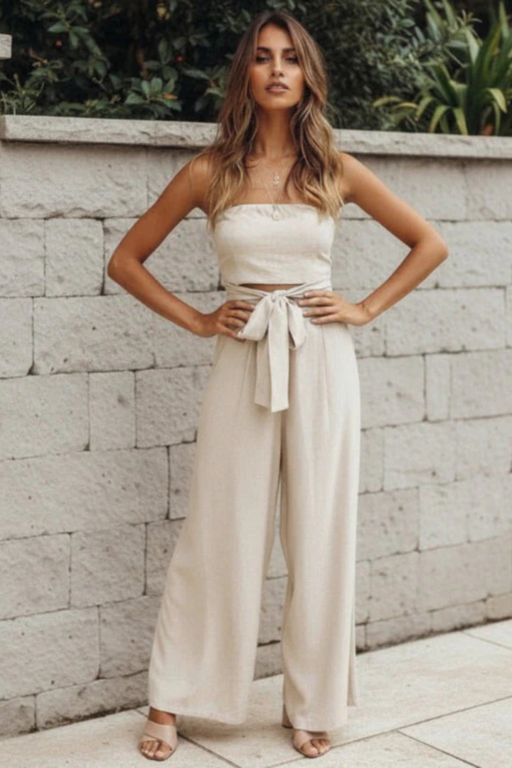 Women's Women Strapless Bandeau Crop Top and High Waist Wide Leg Trousers Set