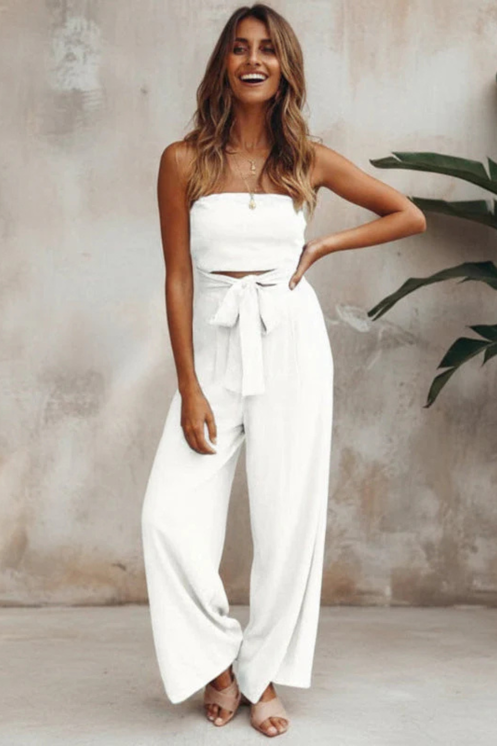Women's Women Strapless Bandeau Crop Top and High Waist Wide Leg Trousers Set