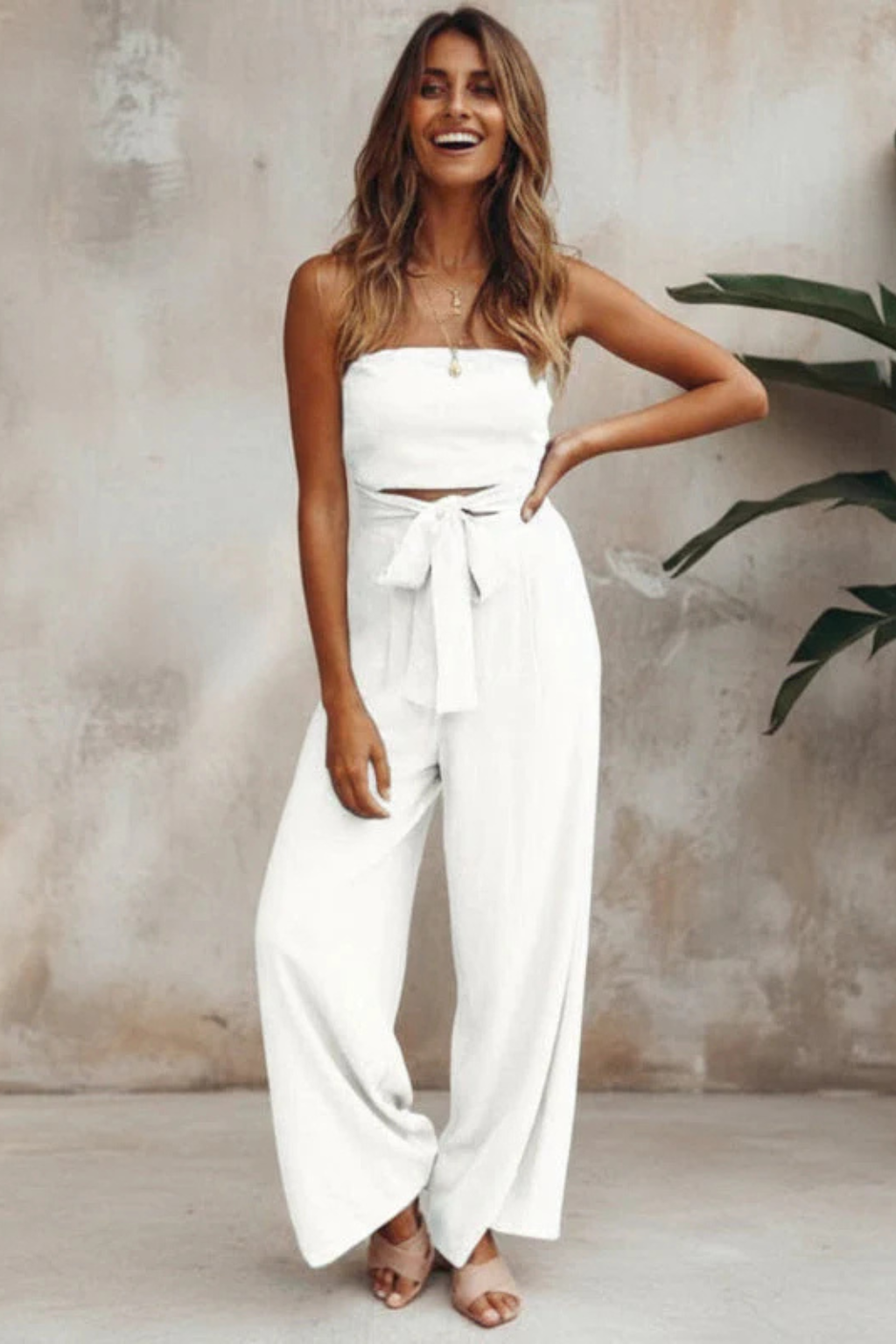 Women's Women Strapless Bandeau Crop Top and High Waist Wide Leg Trousers Set