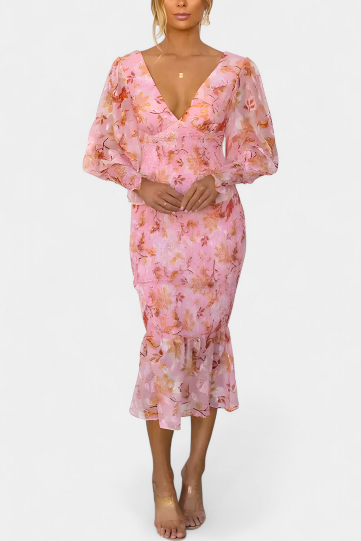 Women's Floral Long-Sleeve Midi Dress with Ruched Waist