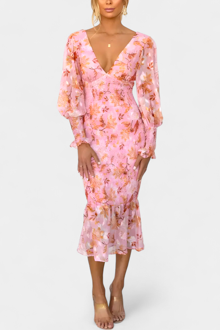 Women's Floral Long-Sleeve Midi Dress with Ruched Waist