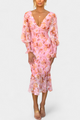 Women's Floral Long-Sleeve Midi Dress with Ruched Waist