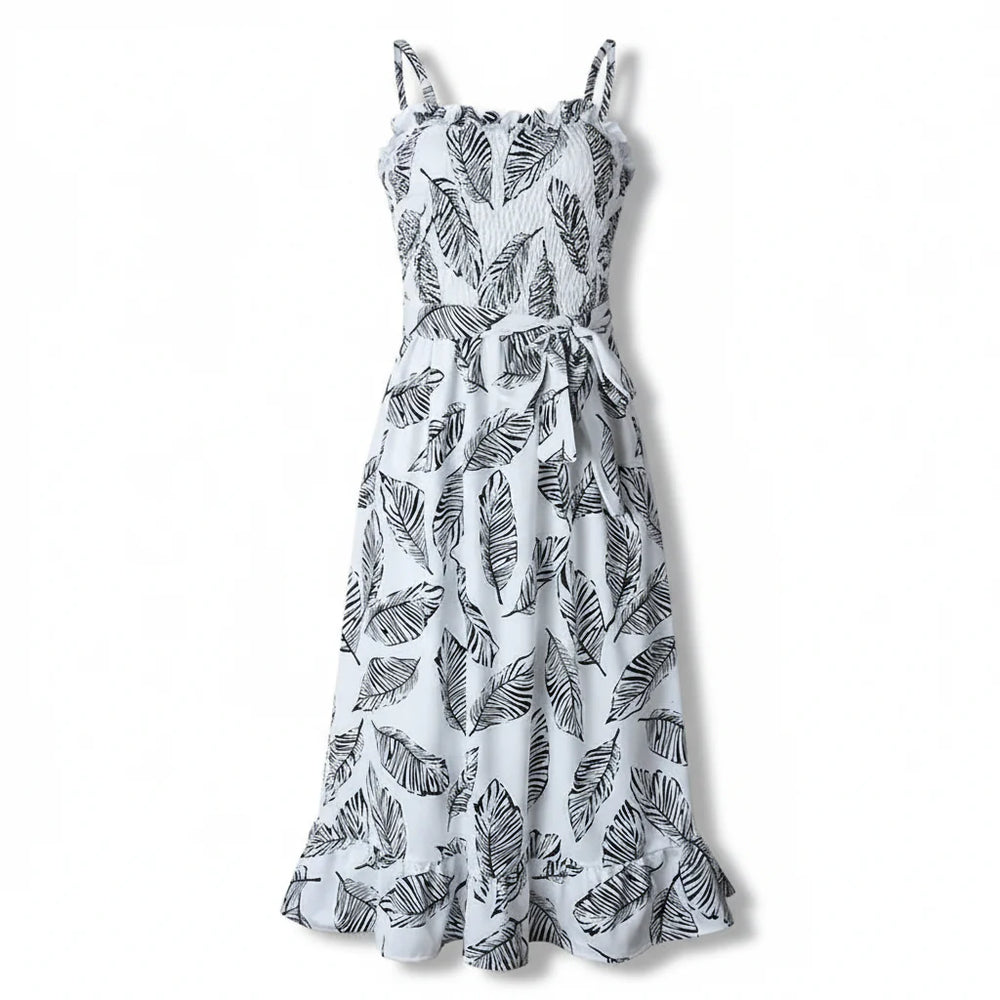 Women's Women’s Sleeveless Midi Dress with Ruffle Neckline, Tie Waist and Leaf Print