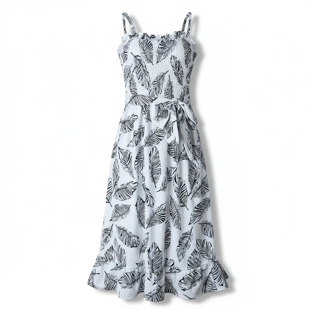 Women's Women’s Sleeveless Midi Dress with Ruffle Neckline, Tie Waist and Leaf Print