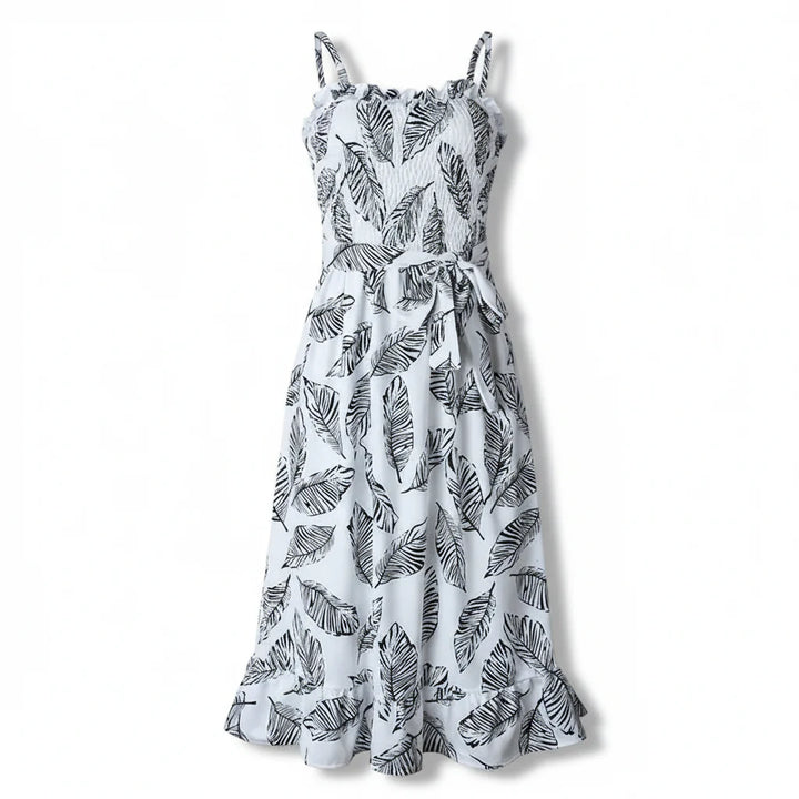 Women's Women’s Sleeveless Midi Dress with Ruffle Neckline, Tie Waist and Leaf Print
