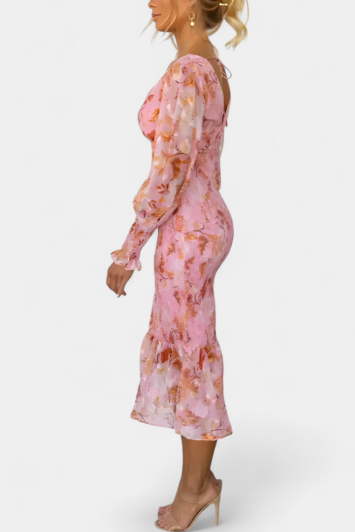 Women's Floral Long-Sleeve Midi Dress with Ruched Waist