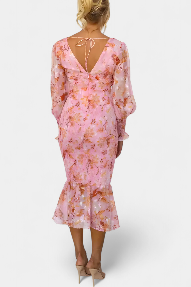 Women's Floral Long-Sleeve Midi Dress with Ruched Waist