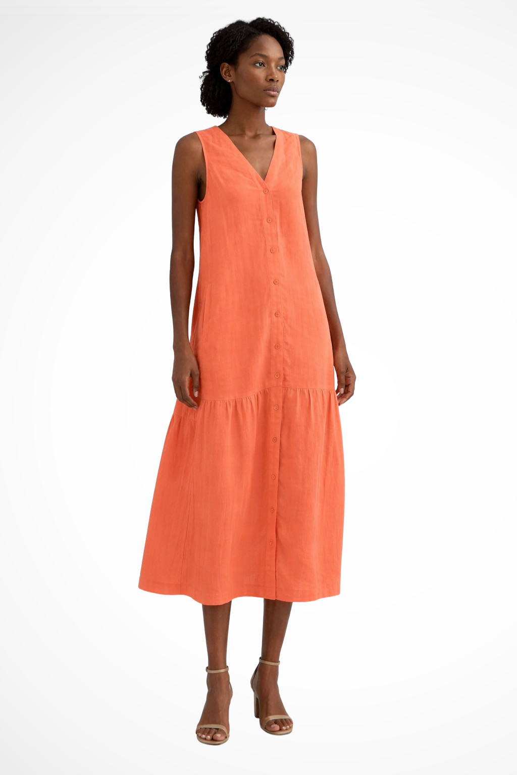 Women's Women V Neck Sleeveless Button Front Linen Maxi Dress
