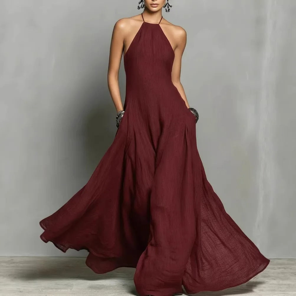 Women's Halter Neck Sleeveless Linen Blend Maxi Dress