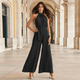 Women's Halter Neck Pleated Wide Leg Jumpsuit Belted