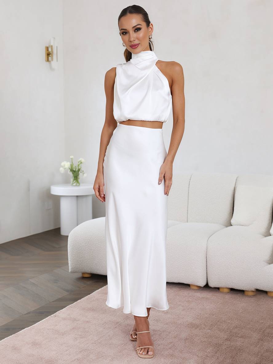 Women's Two-Piece Halter Top and Satin Maxi Skirt Set