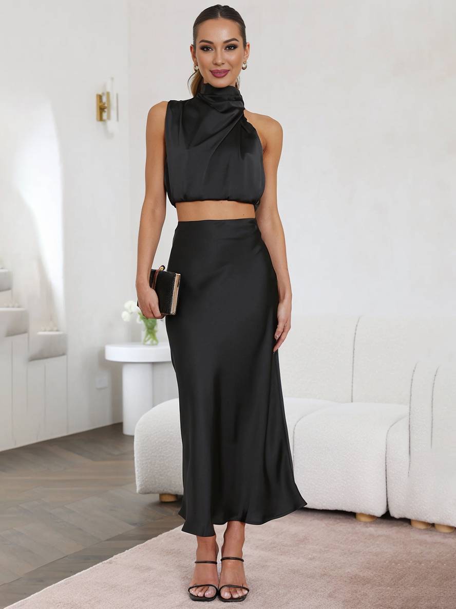 Women's Two-Piece Halter Top and Satin Maxi Skirt Set