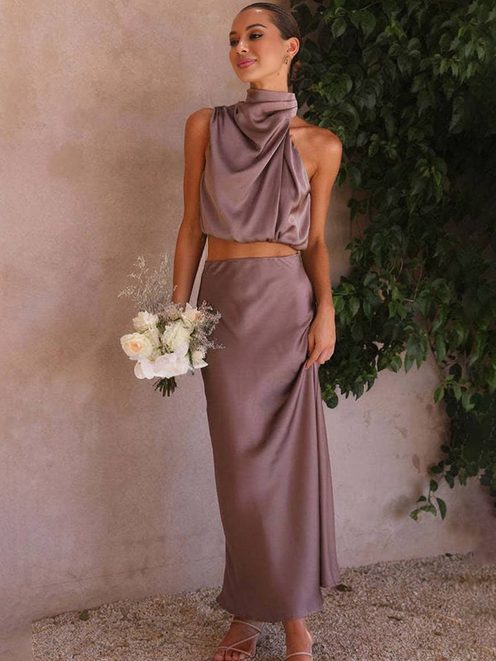 Women's Two-Piece Halter Top and Satin Maxi Skirt Set