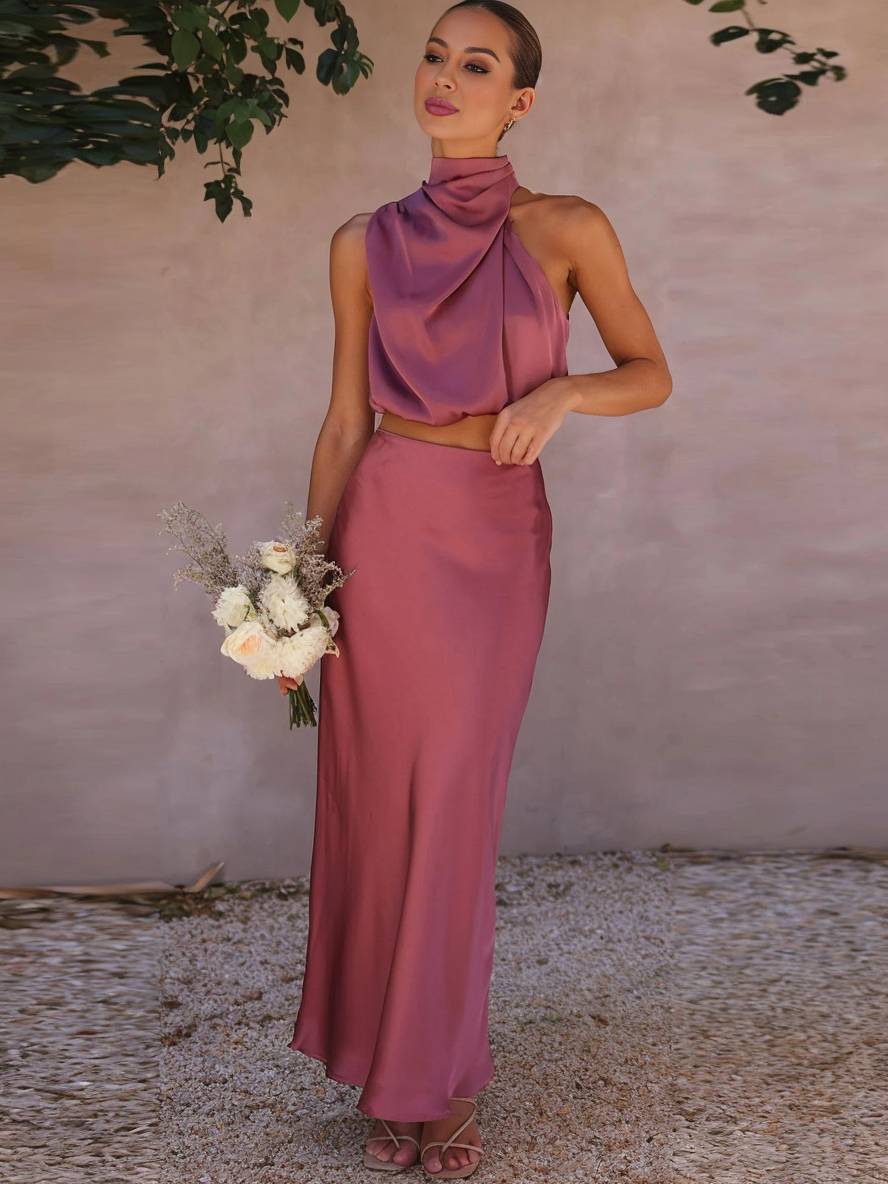 Women's Two-Piece Halter Top and Satin Maxi Skirt Set