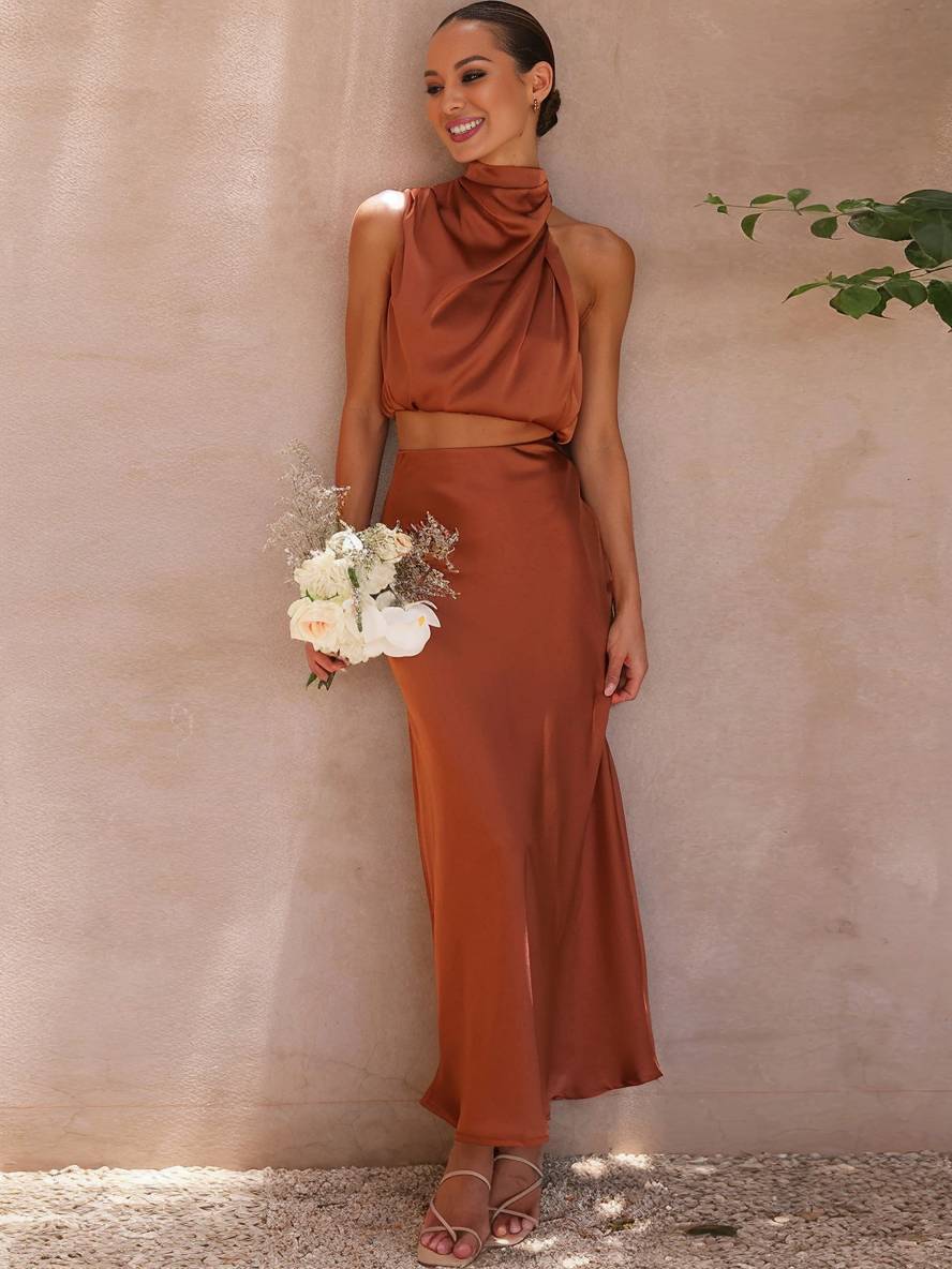 Women's Two-Piece Halter Top and Satin Maxi Skirt Set
