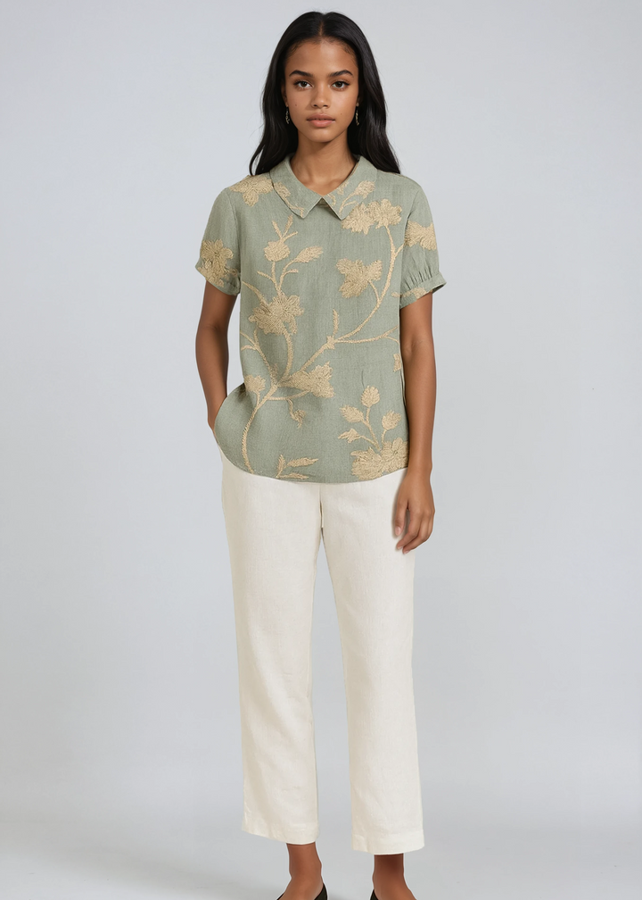 Women's GREEN LINEN BLOUSE WITH FLORAL EMBROIDERY
