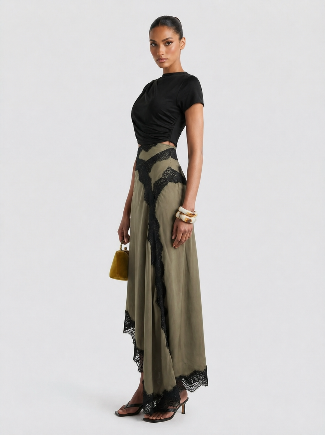 Women's Black Asymmetric Top and Lace Maxi Skirt Set
