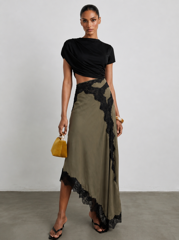 Women's Black Asymmetric Top and Lace Maxi Skirt Set