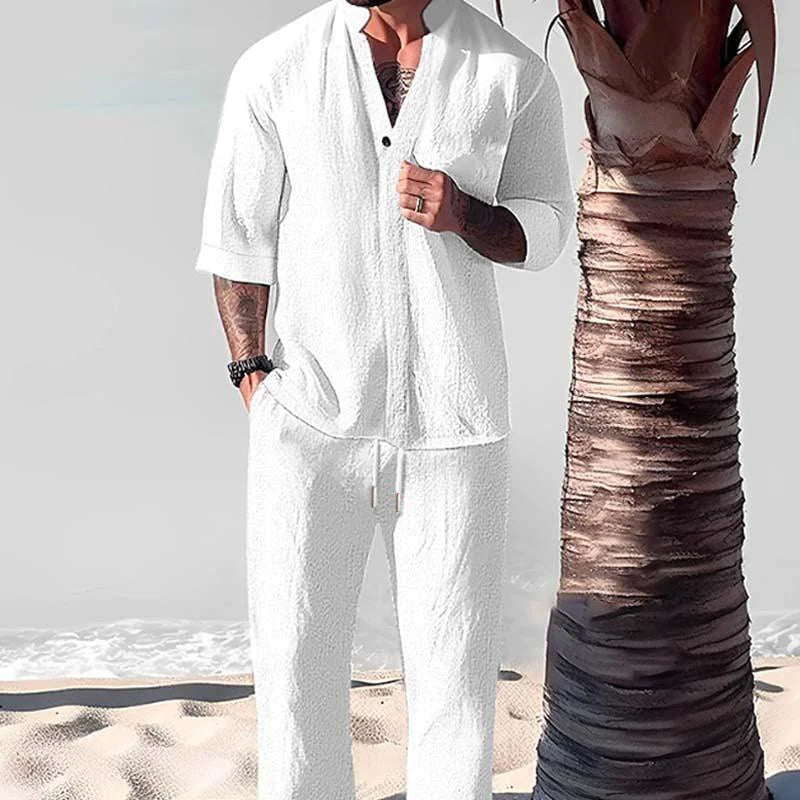 Men's Linen Short Sleeve Shirt & Trousers Set - Two-Piece Summer Outfit - Holiday Co-Ord