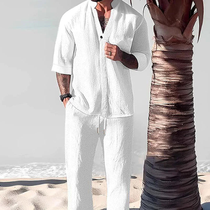 Men's Linen Short Sleeve Shirt & Trousers Set - Two-Piece Summer Outfit - Holiday Co-Ord