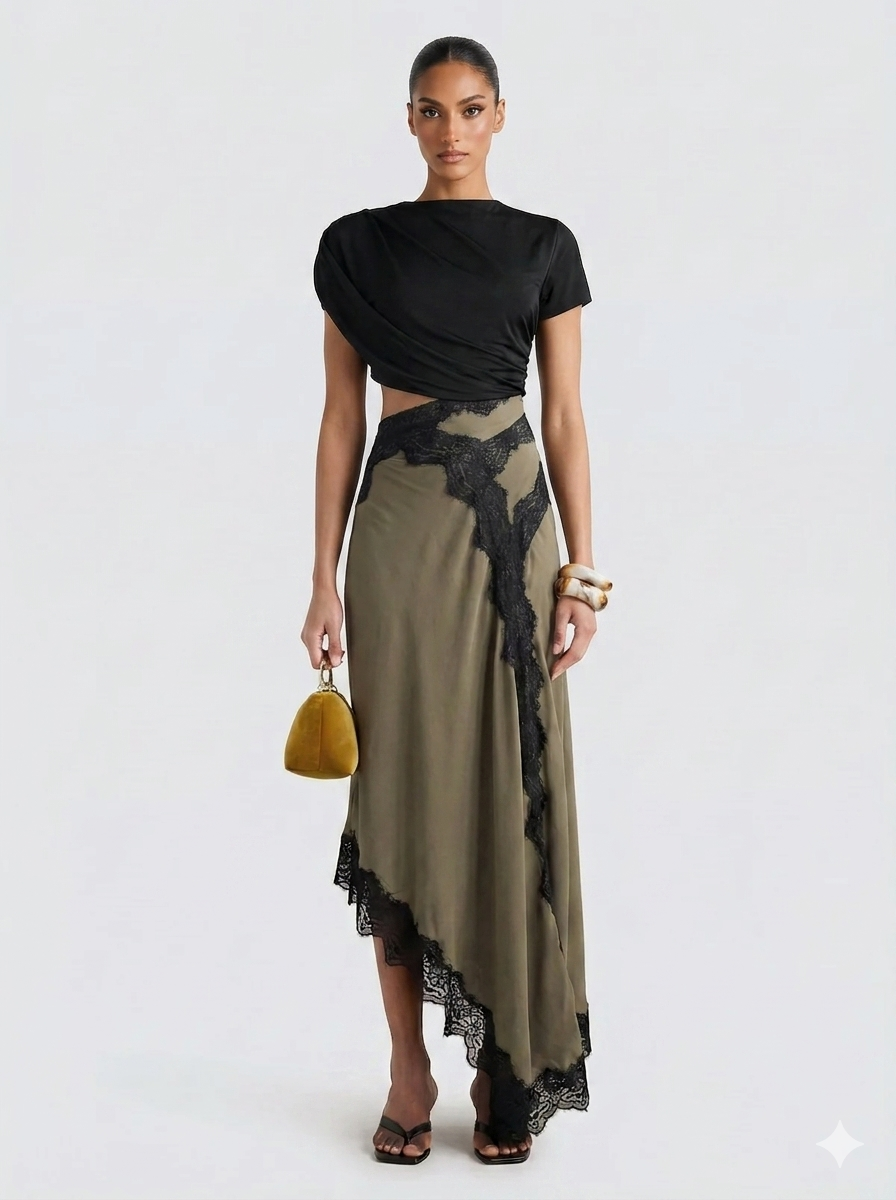 Women's Black Asymmetric Top and Lace Maxi Skirt Set