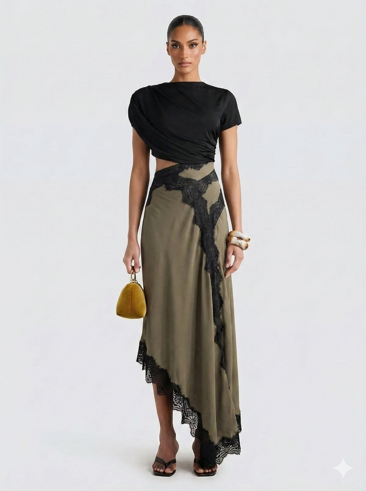 Women's Black Asymmetric Top and Lace Maxi Skirt Set