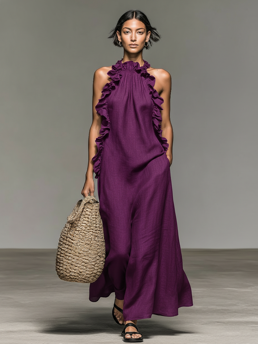 Women's Linen Blend Halter Maxi Dress