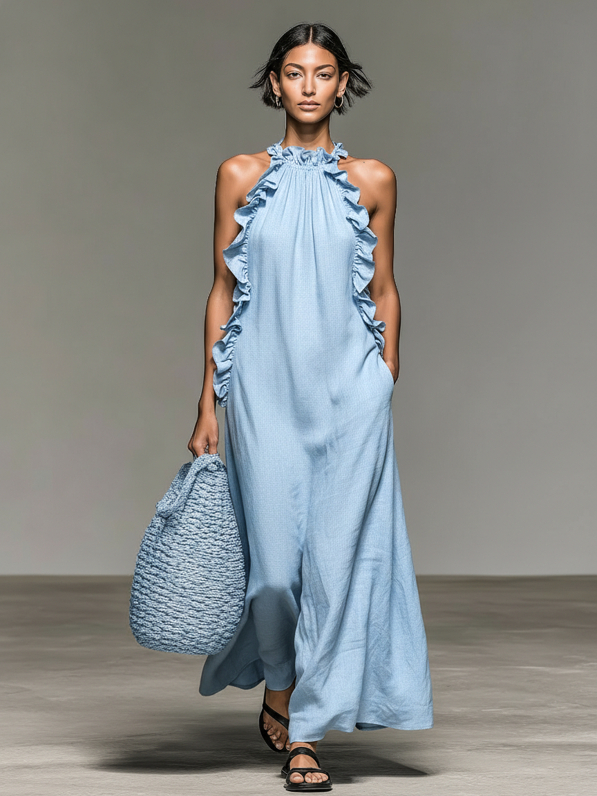 Women's Linen Blend Halter Maxi Dress