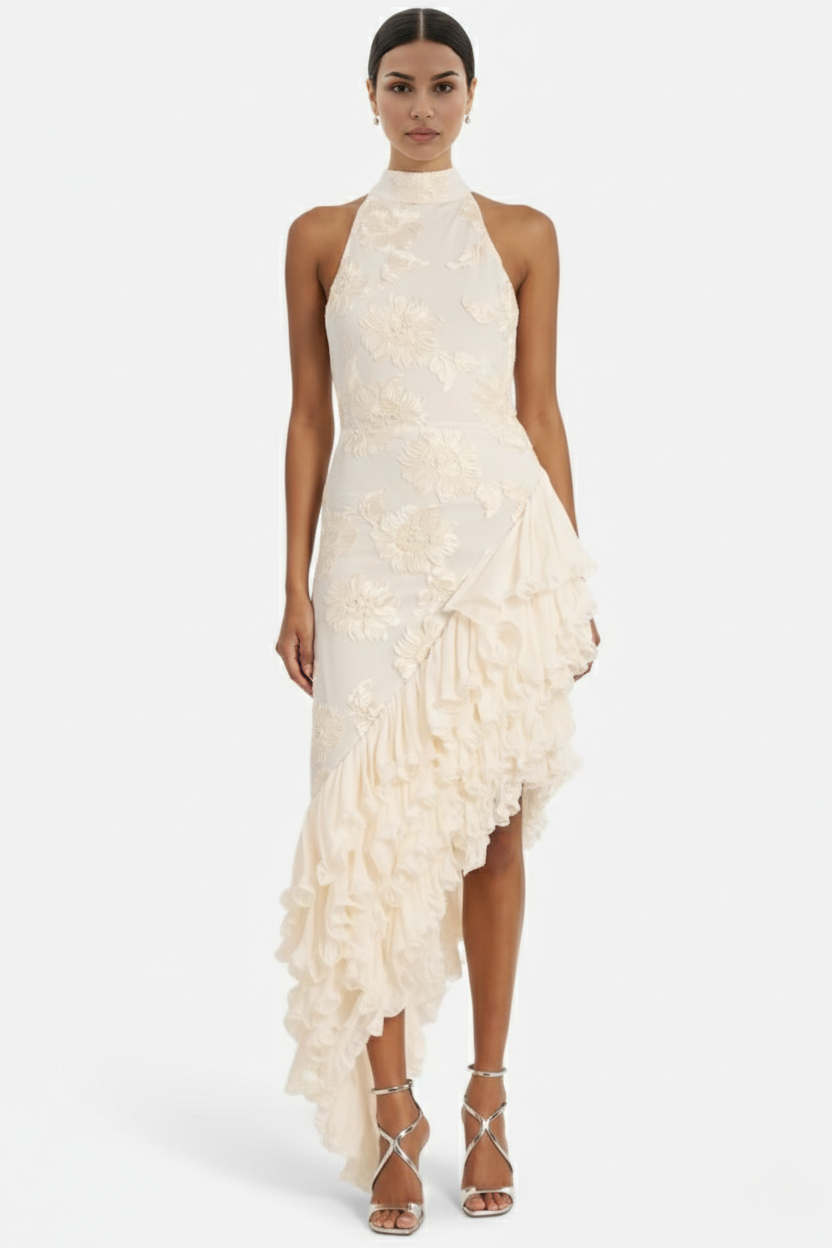 Women's Halter Neck Floral Textured Asymmetric Ruffle Maxi Dress