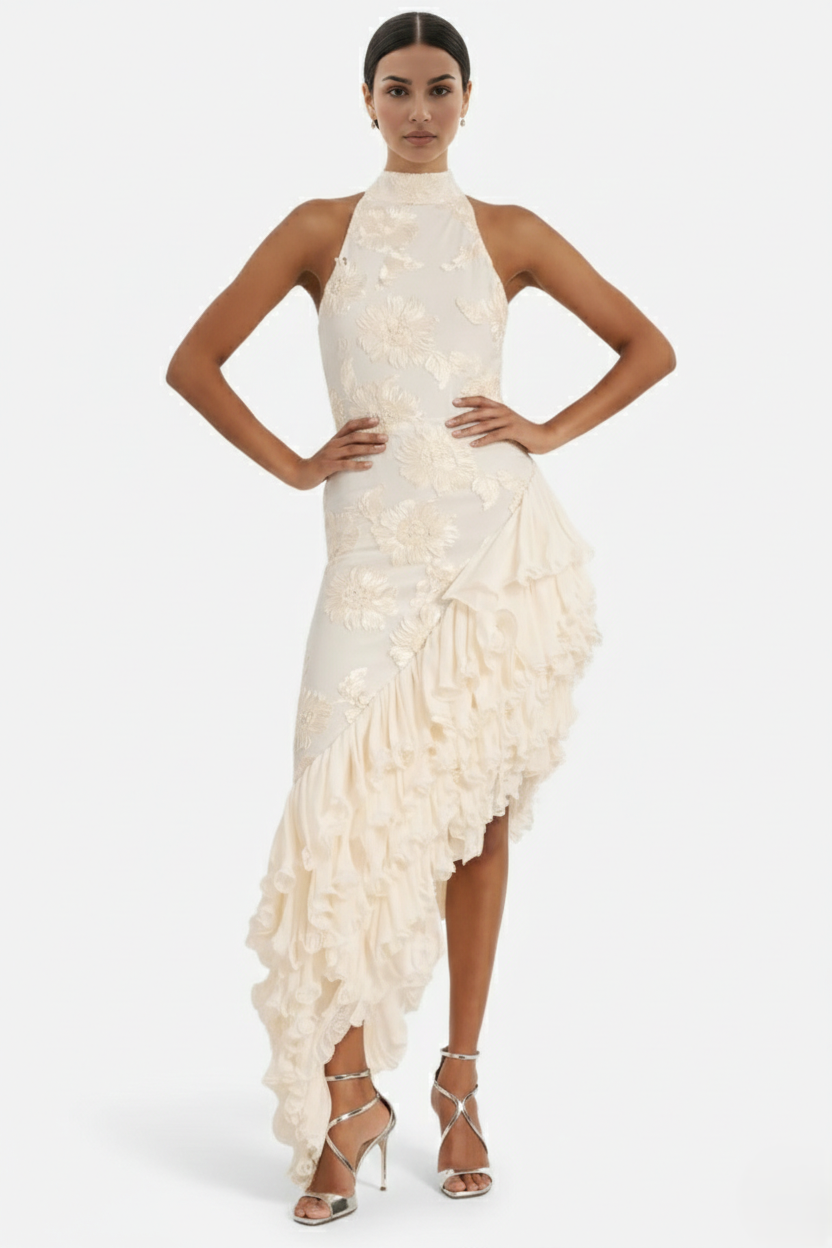 Women's Halter Neck Floral Textured Asymmetric Ruffle Maxi Dress