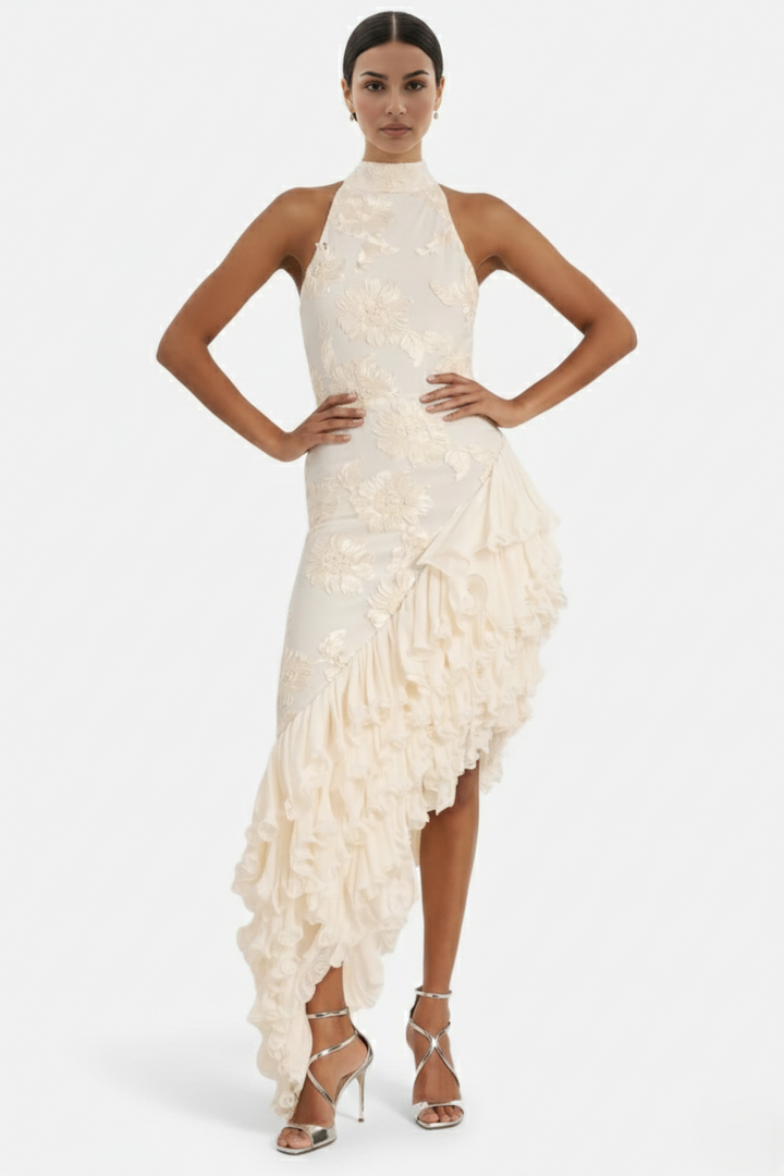 Women's Halter Neck Floral Textured Asymmetric Ruffle Maxi Dress