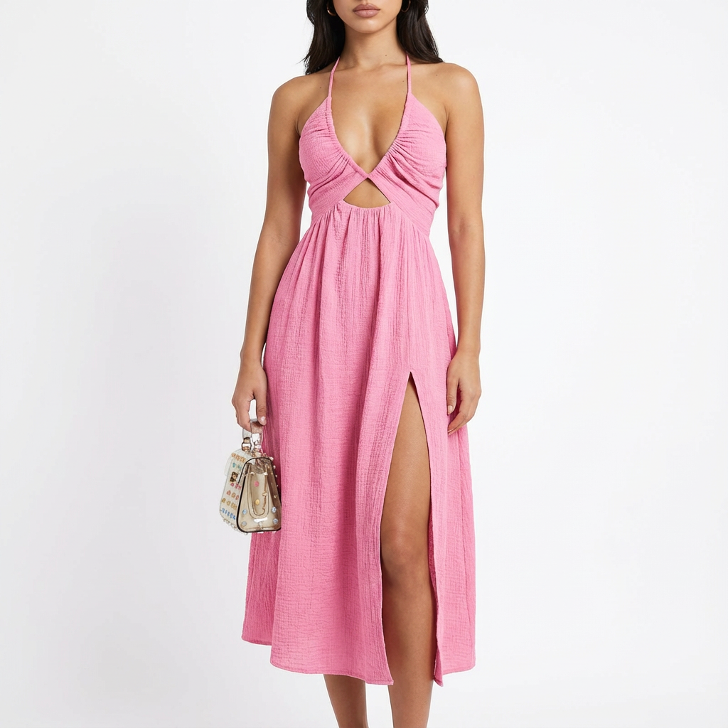 Women's Boho Halter-Neck Side-Slit Midi Dress