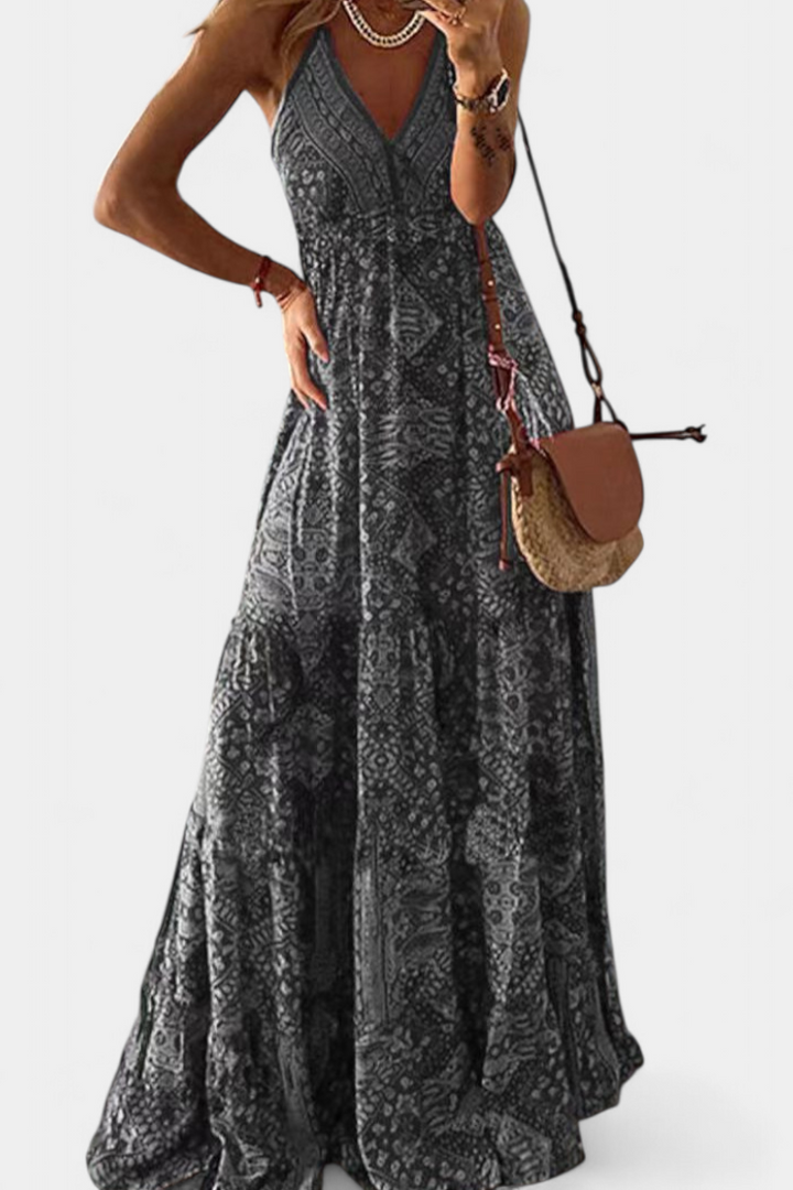 Women's Vintage Floral Print High-Waist V-Neck Dress