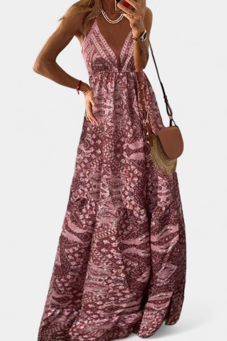 Women's Vintage Floral Print High-Waist V-Neck Dress