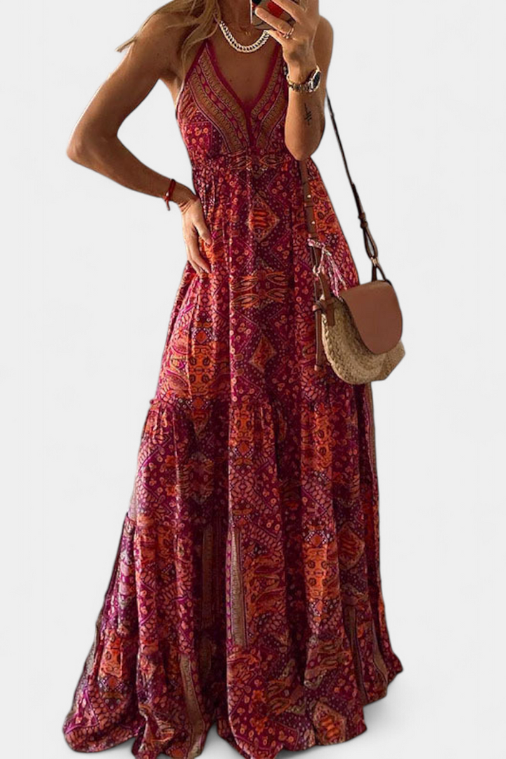 Women's Vintage Floral Print High-Waist V-Neck Dress