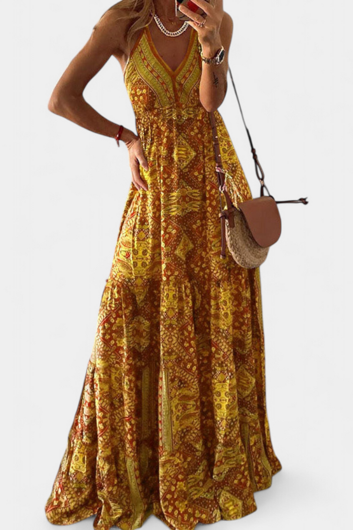 Women's Vintage Floral Print High-Waist V-Neck Dress