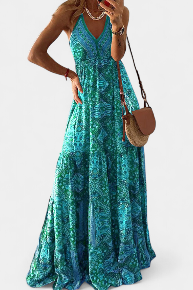 Women's Vintage Floral Print High-Waist V-Neck Dress