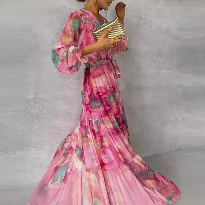 Katie | Women's Floral Ankle-Length Dress with Waist Tie