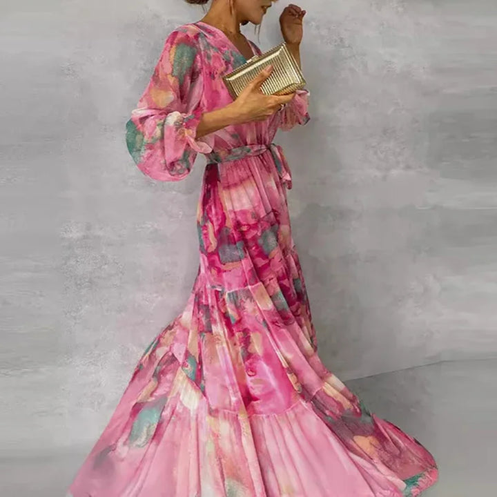 Katie | Women's Floral Ankle-Length Dress with Waist Tie