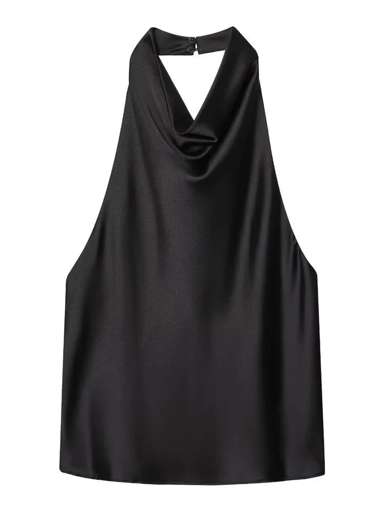 Women's Satin Halterneck Corset-Detail Open-Back Summer Top