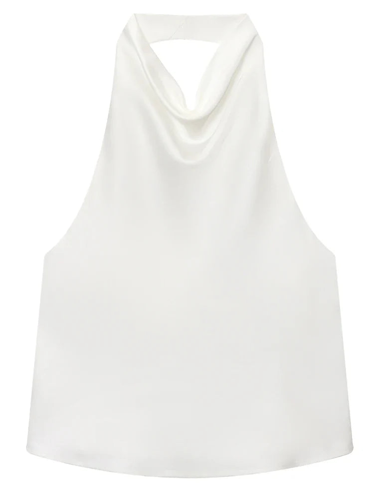 Women's Satin Halterneck Corset-Detail Open-Back Summer Top