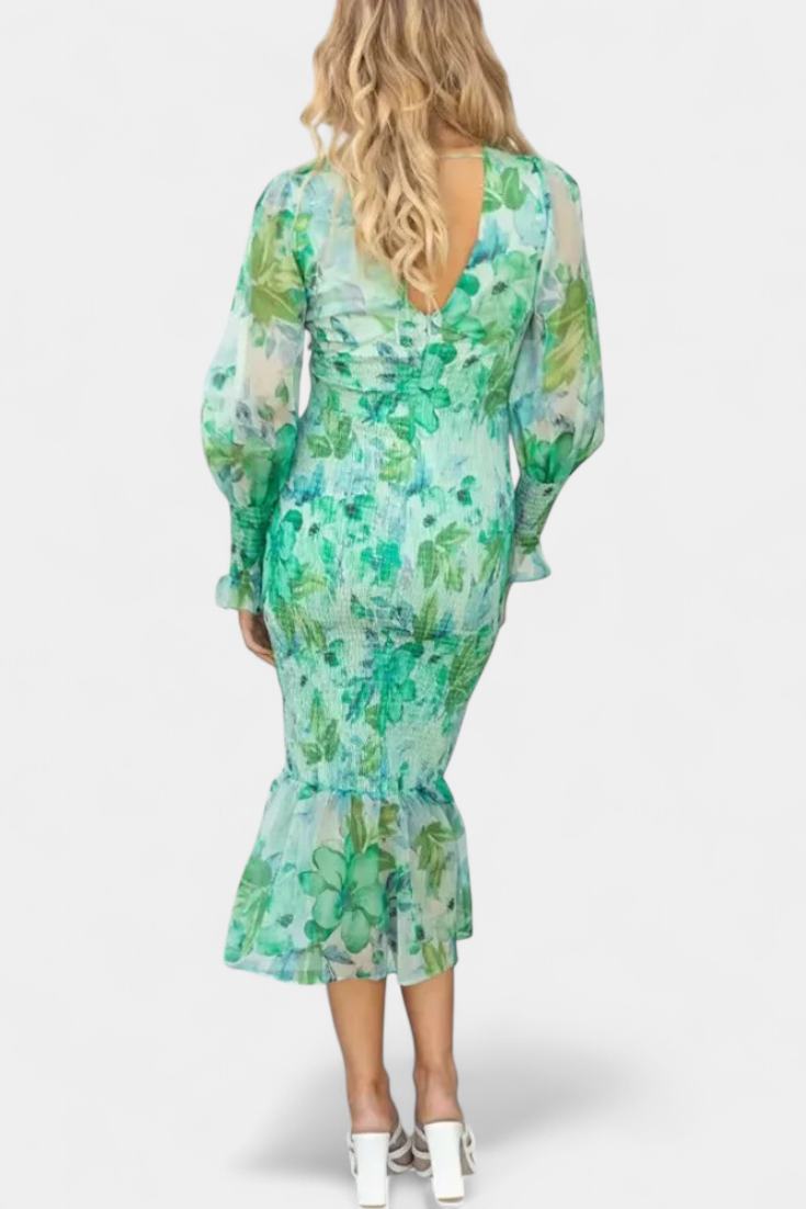 Women's Floral Long-Sleeve Midi Dress with Ruched Waist