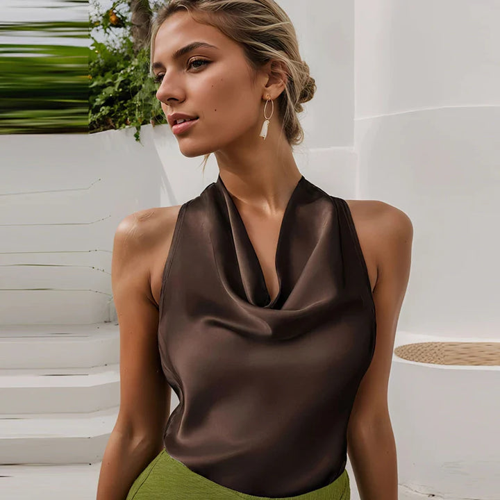 Women's Satin Halterneck Corset-Detail Open-Back Summer Top