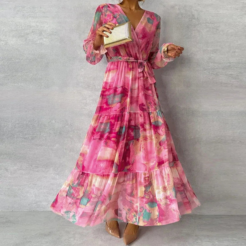 Katie | Women's Floral Ankle-Length Dress with Waist Tie