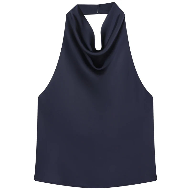 Women's Satin Halterneck Corset-Detail Open-Back Summer Top